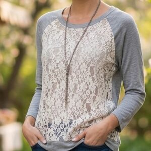 Romantic Lace Gray and Cream Long Sleeve Top Size M
